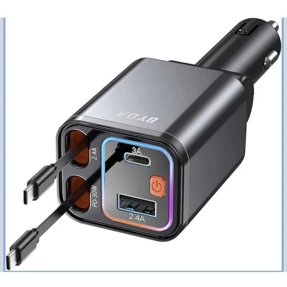 4 in 1 Retractable Car Charger,69W For Apple+Type C &RGB [Black], RGB [Black]
